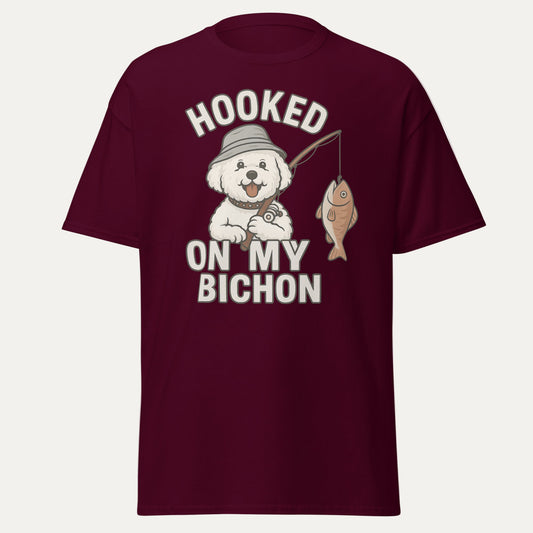 Burgundy t-shirt with ‘Hooked on My Bichon’ funny fishing dog dad graphic and text, perfect Father’s Day gift for dog lovers.