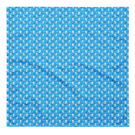 Close-up of blue Bichon Frise patterned bandana fabric with playful dog, paw, and bone designs