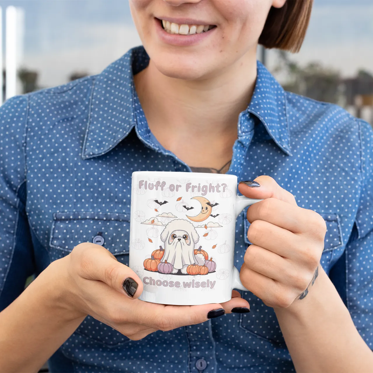 Smiling woman in a blue shirt holding a white Halloween-themed mug with a cute Bichon Frise ghost illustration and the text "Fluff or Fright? Choose wisely" – perfect gift for dog lovers and spooky season fans.