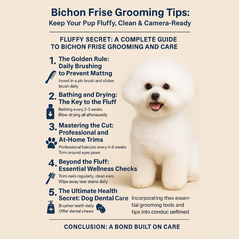Bichon Frise grooming tips infographic – keep your dog fluffy, clean and camera-ready with daily brushing, bathing, trimming, wellness checks and dental care.