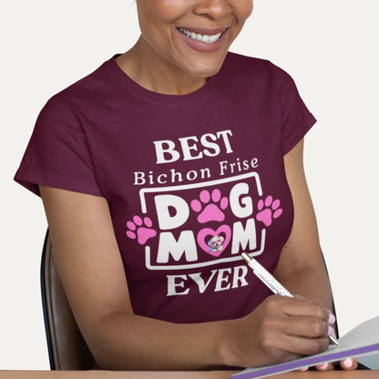 Best Bichon Mom Ever" funny unisex t-shirt with white text and paw print design – perfect Mother's Day gift for Bichon Frise dog owners