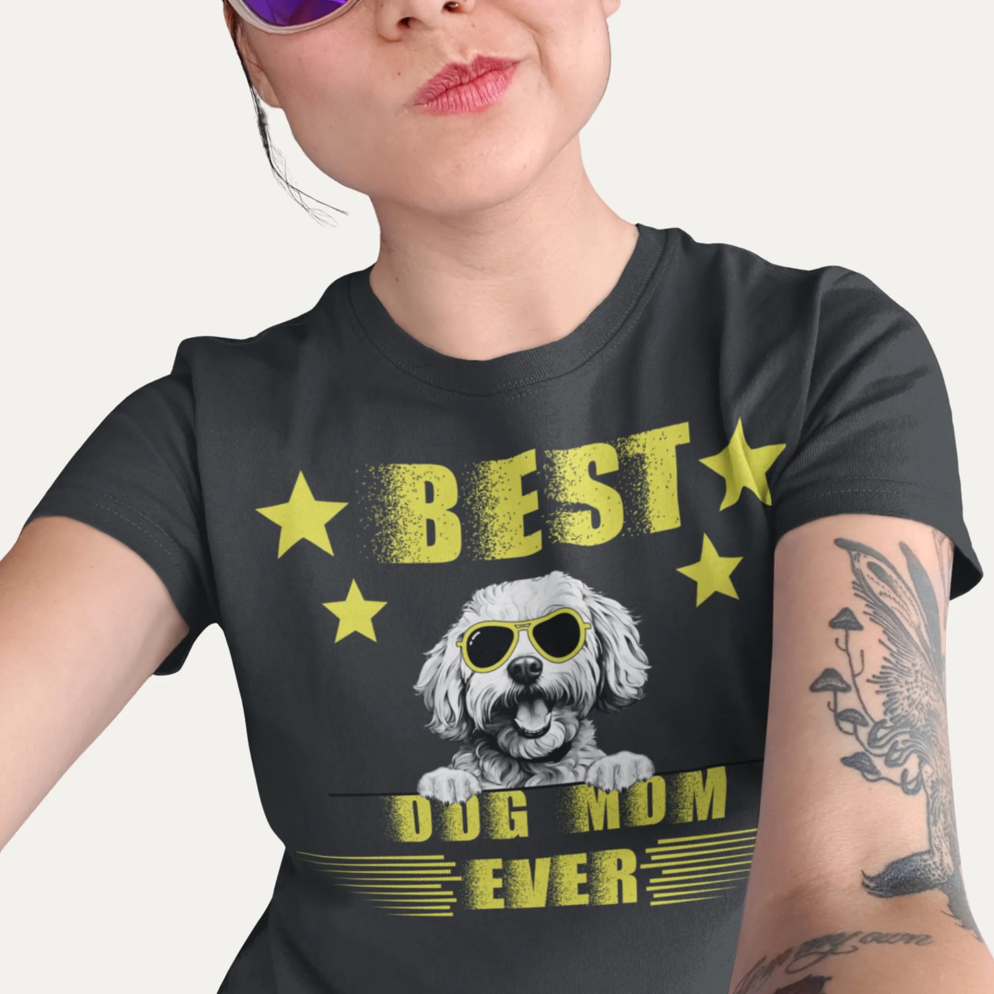 Unisex 'Best Dog Mom Ever' T-shirt featuring a cool Bichon Frise dog wearing sunglasses – perfect Mother's Day gift for proud Bichon owners.