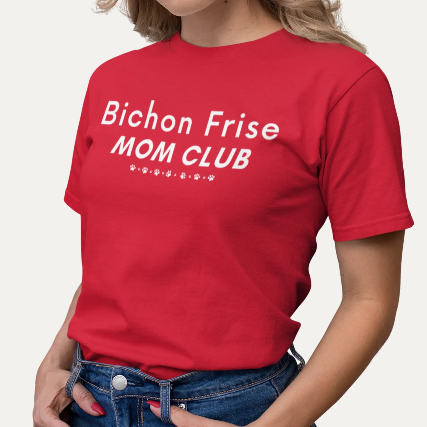 Bichon Frise Mom Club white graphic T-shirt – funny unisex Mother's Day gift for dog lovers, perfect for Bichon owners and pet moms, stylish and heartfelt design for men and women