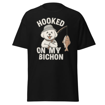 Black t-shirt with ‘Hooked on My Bichon’ funny fishing dog dad graphic and text, perfect Father’s Day gift for dog lovers.