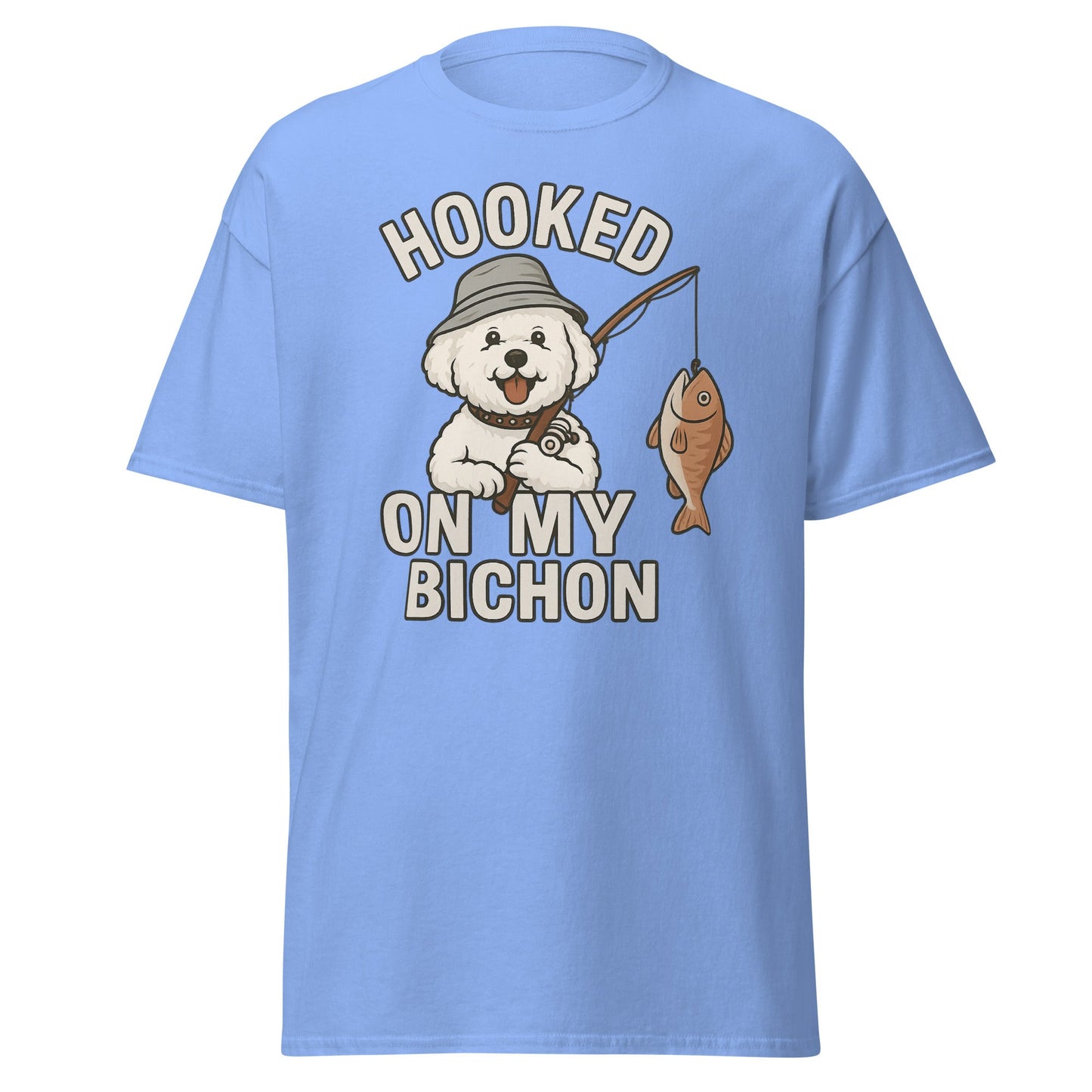 Sky Blue t-shirt with ‘Hooked on My Bichon’ funny fishing dog dad graphic and text, perfect Father’s Day gift for dog lovers.