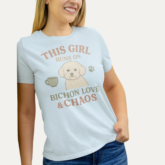 This Girl Runs on Bichon Love & Chaos – Funny Dog Mom T-Shirt for Women