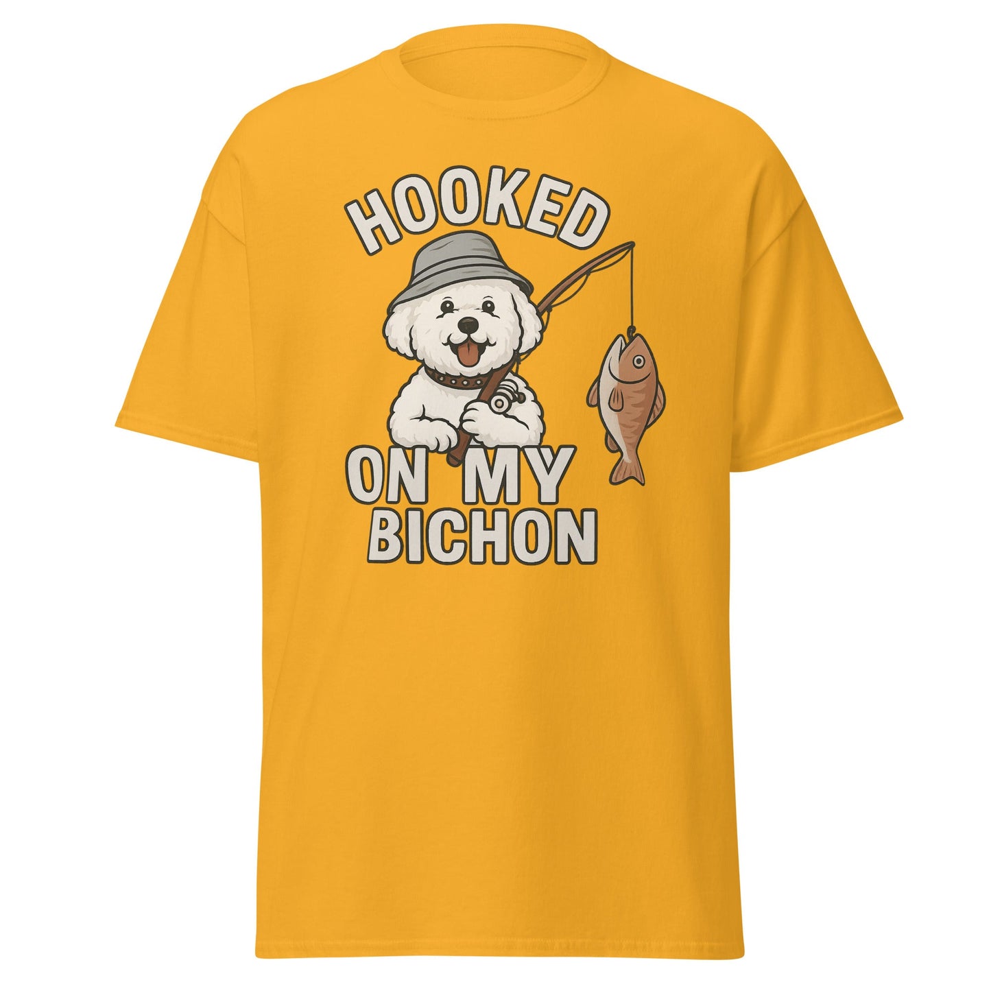 Yellow t-shirt with ‘Hooked on My Bichon’ funny fishing dog dad graphic and text, perfect Father’s Day gift for dog lovers.