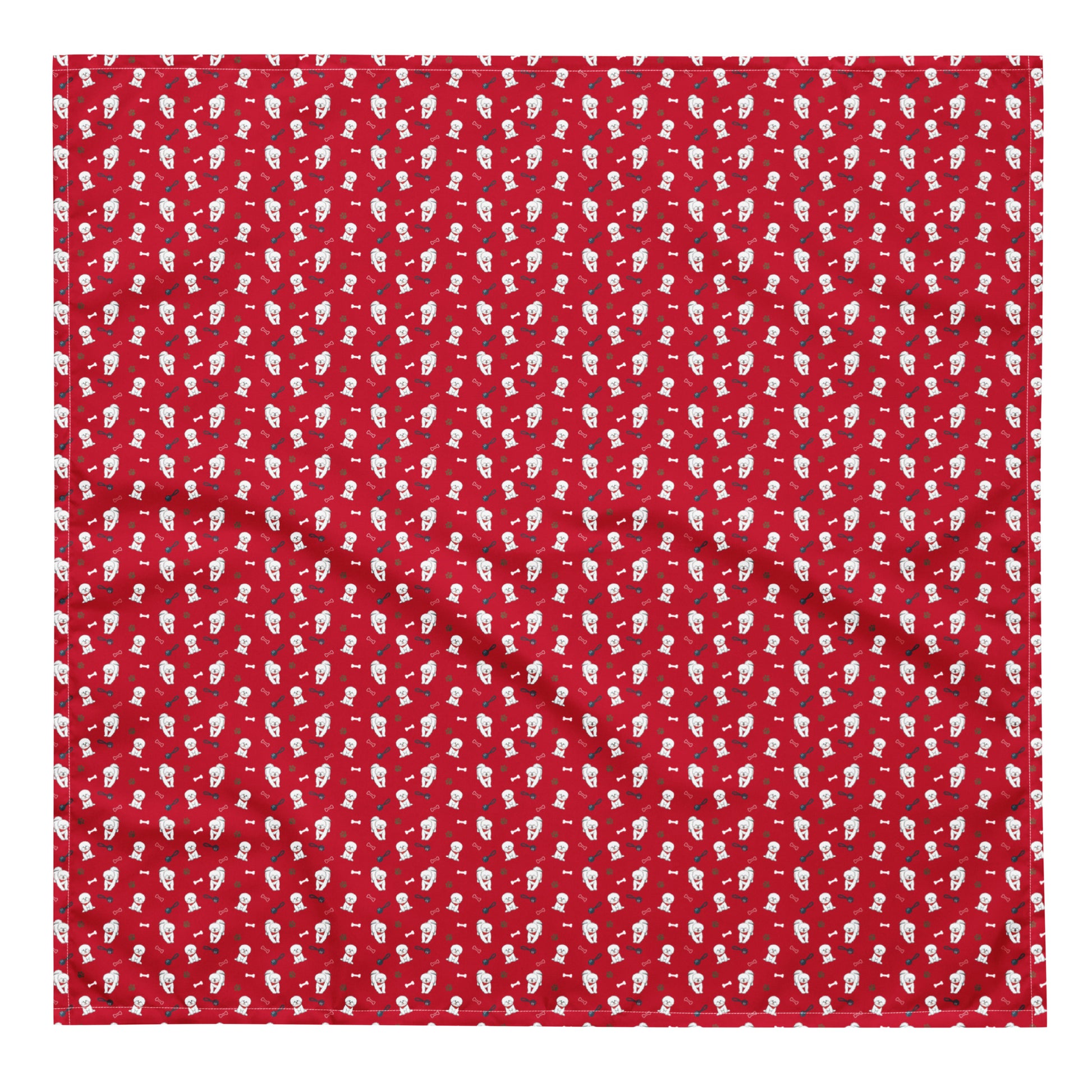 Red Bichon Frise bandana with cute dog and paw print pattern – Fun Factory Frise stylish accessory for dog lovers