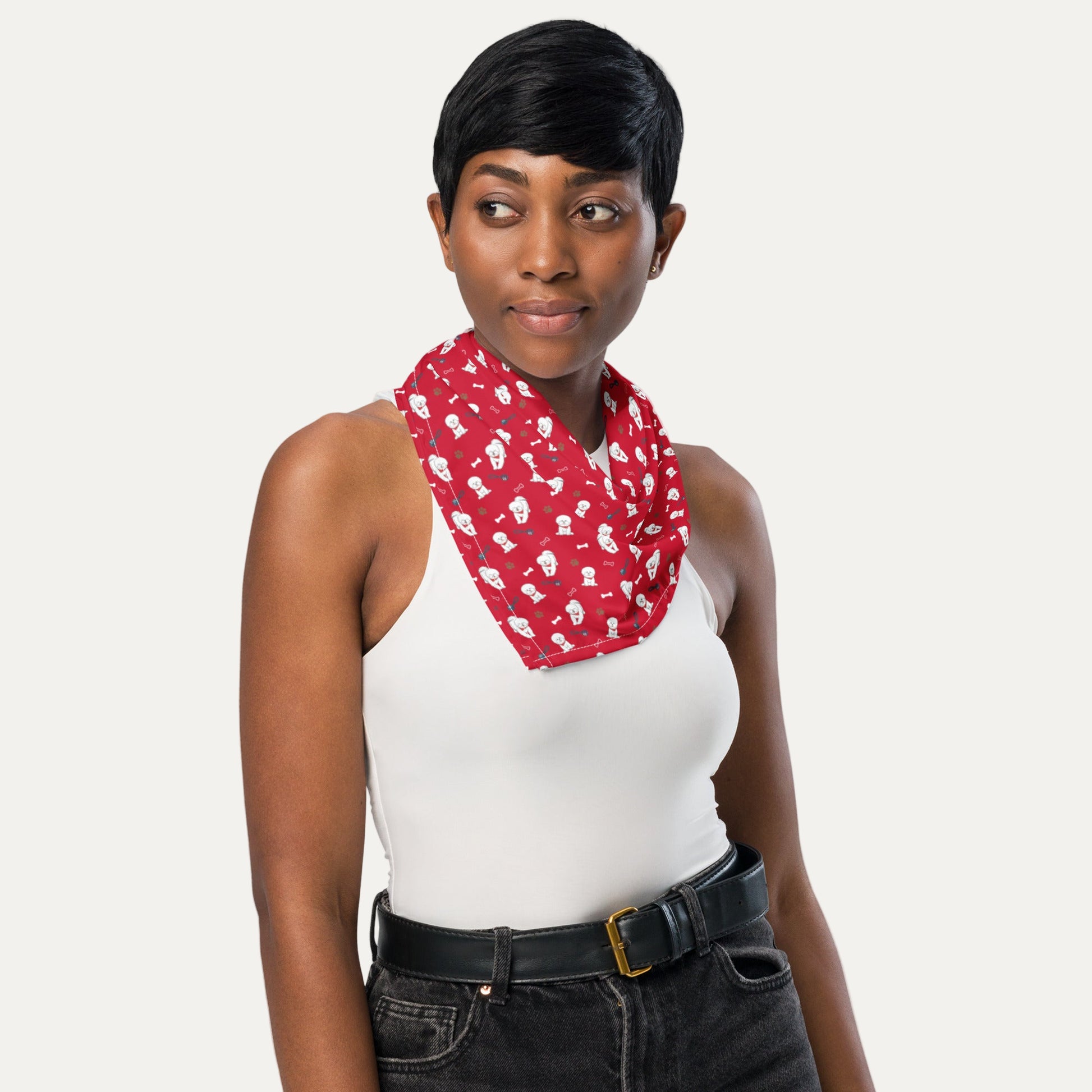 Woman wearing red Bichon Frise bandana scarf – stylish dog lover accessory by Fun Factory Frise