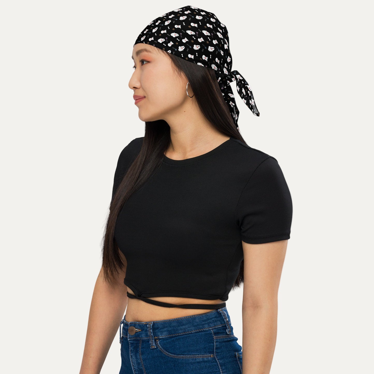 Woman wearing black Bichon Frise patterned bandana as headscarf – Stylish dog lover accessory