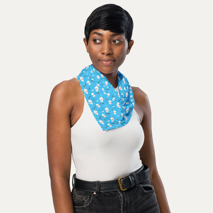 Woman wearing blue Bichon Frise patterned bandana around neck – Cute Dog Lover Accessory