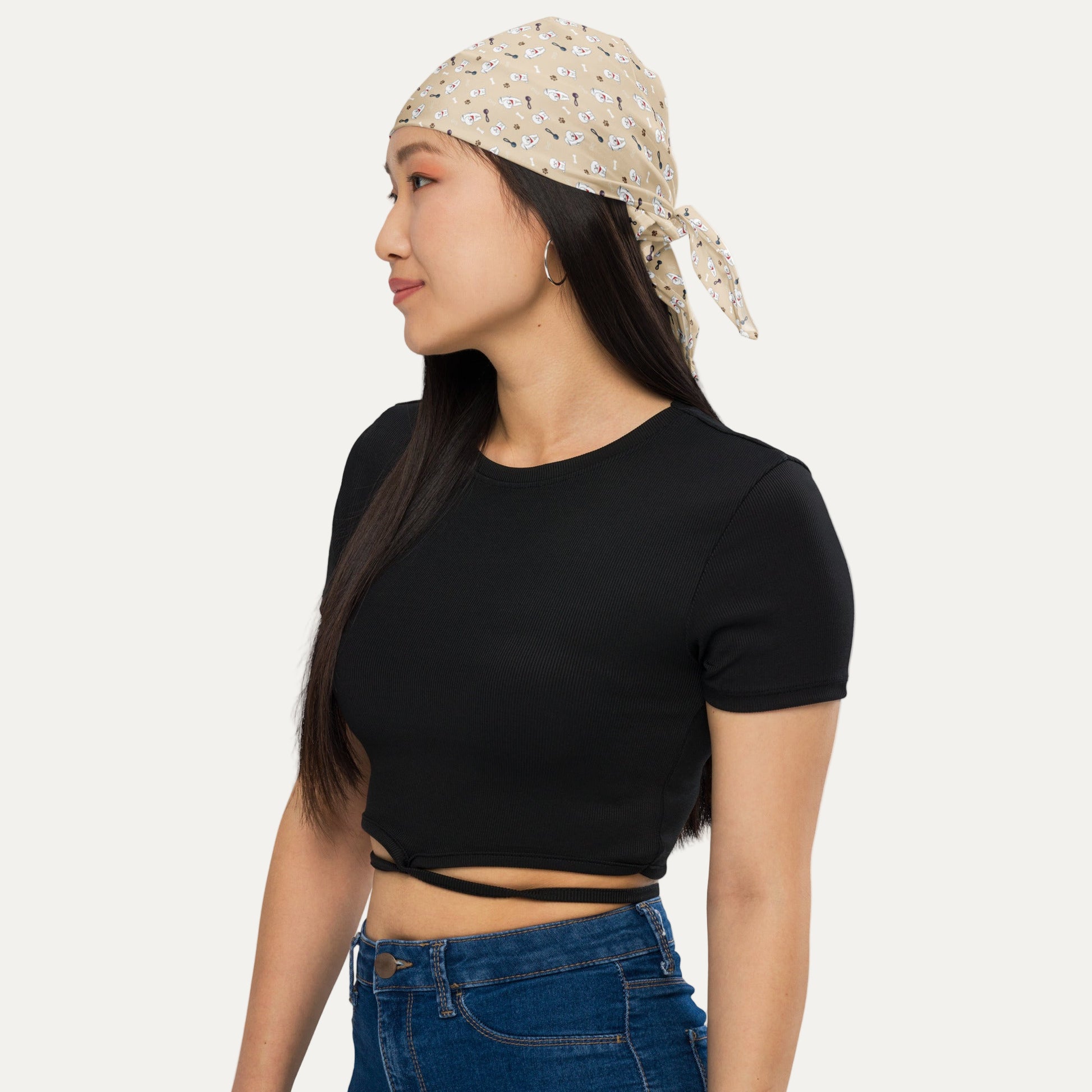 Woman wearing beige Bichon Frise patterned bandana – Playful Dog Lover Accessory