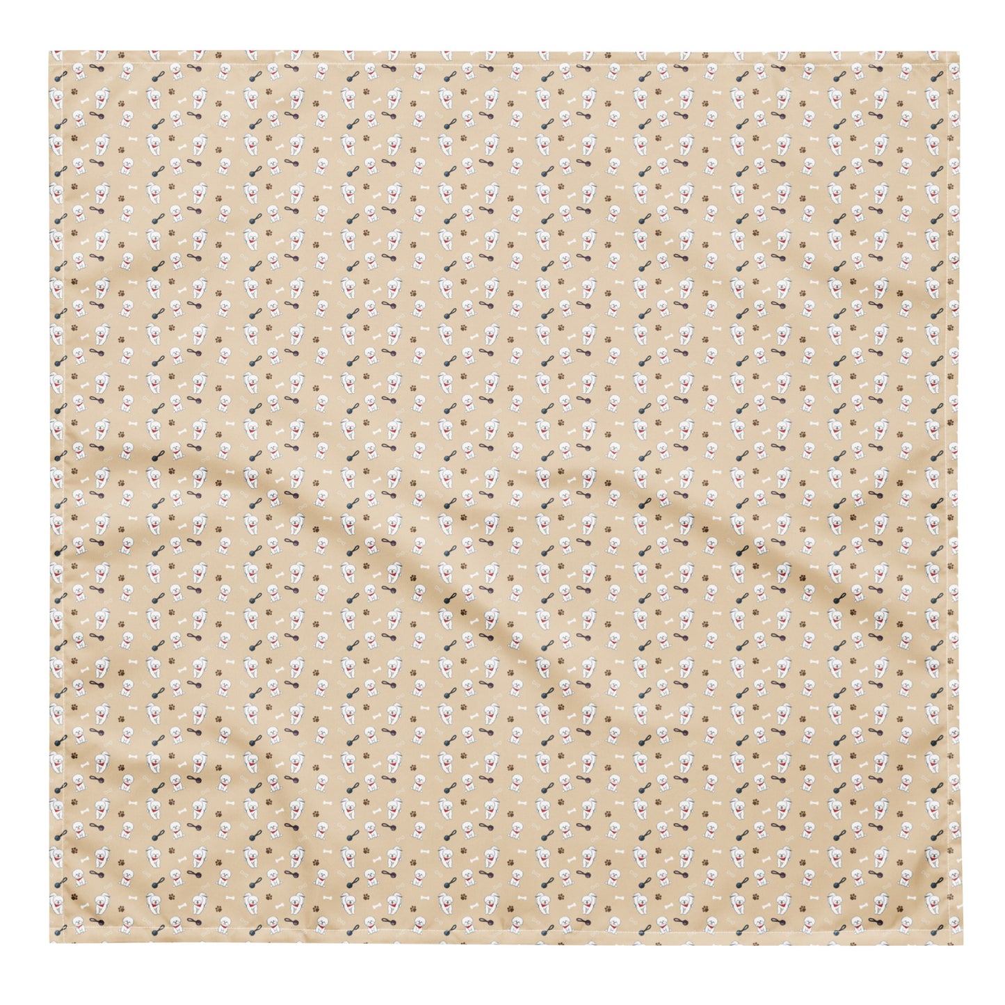Flat lay of beige Bichon Frise patterned bandana with playful dog, paw, and bone design