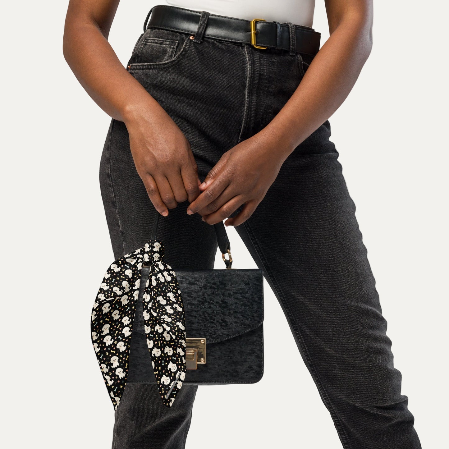 Black Bichon Frise print bandana tied on handbag – stylish dog lover accessory by Fun Factory Frise