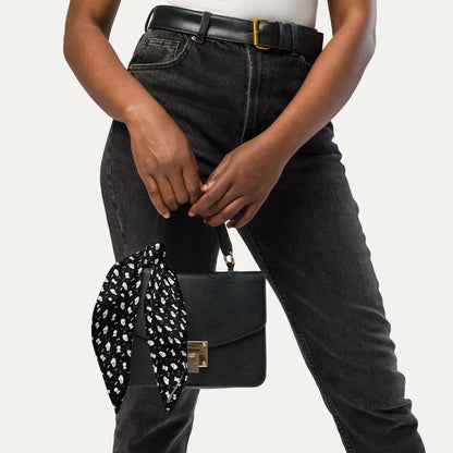 Black handbag styled with black bandana featuring cute Bichon Frise dog pattern – versatile accessory by Fun Factory Frise