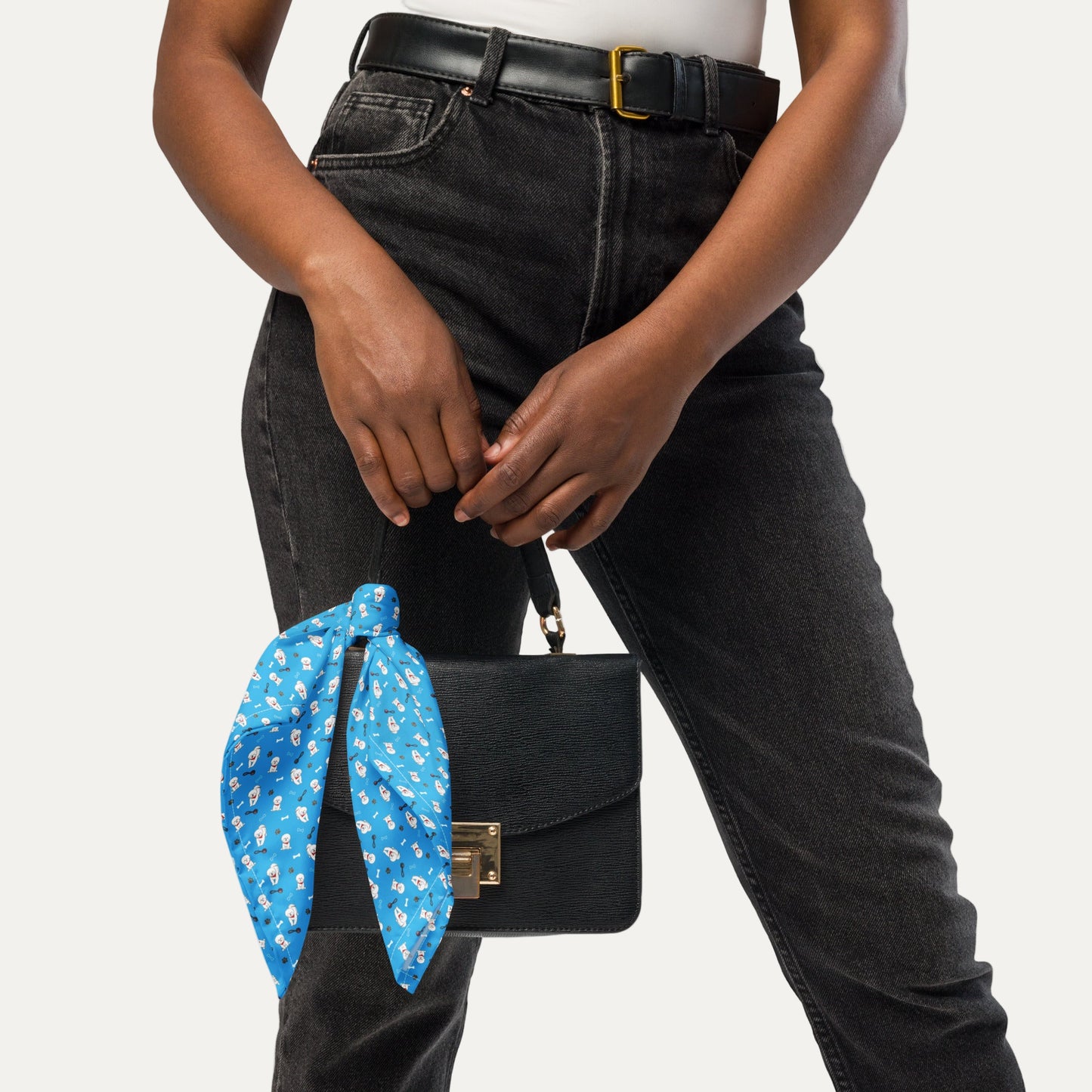 Blue Bichon Frise patterned bandana tied on black handbag – Stylish Dog Lover Accessory