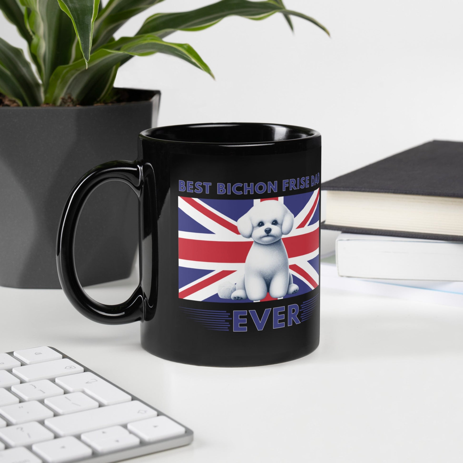 "Best Bichon Frise Dad Ever" English  Flag-Black Glossy Mug for Bichon Frise dog owners