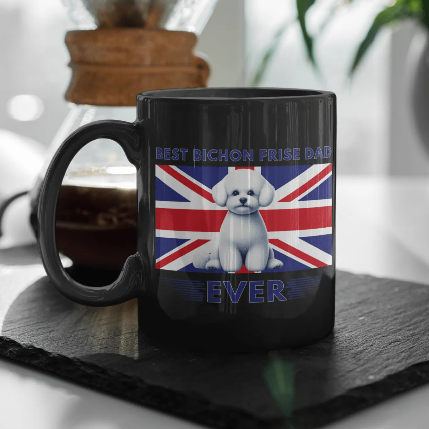 "Best Bichon Frise Dad Ever" English  Flag-Black Glossy Mug for Bichon Frise dog owners