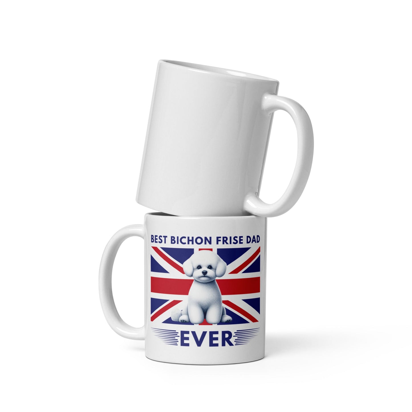 "Best Bichon Frise Dad Ever" English  Flag-White glossy mug for Bichon Frise dog owners
