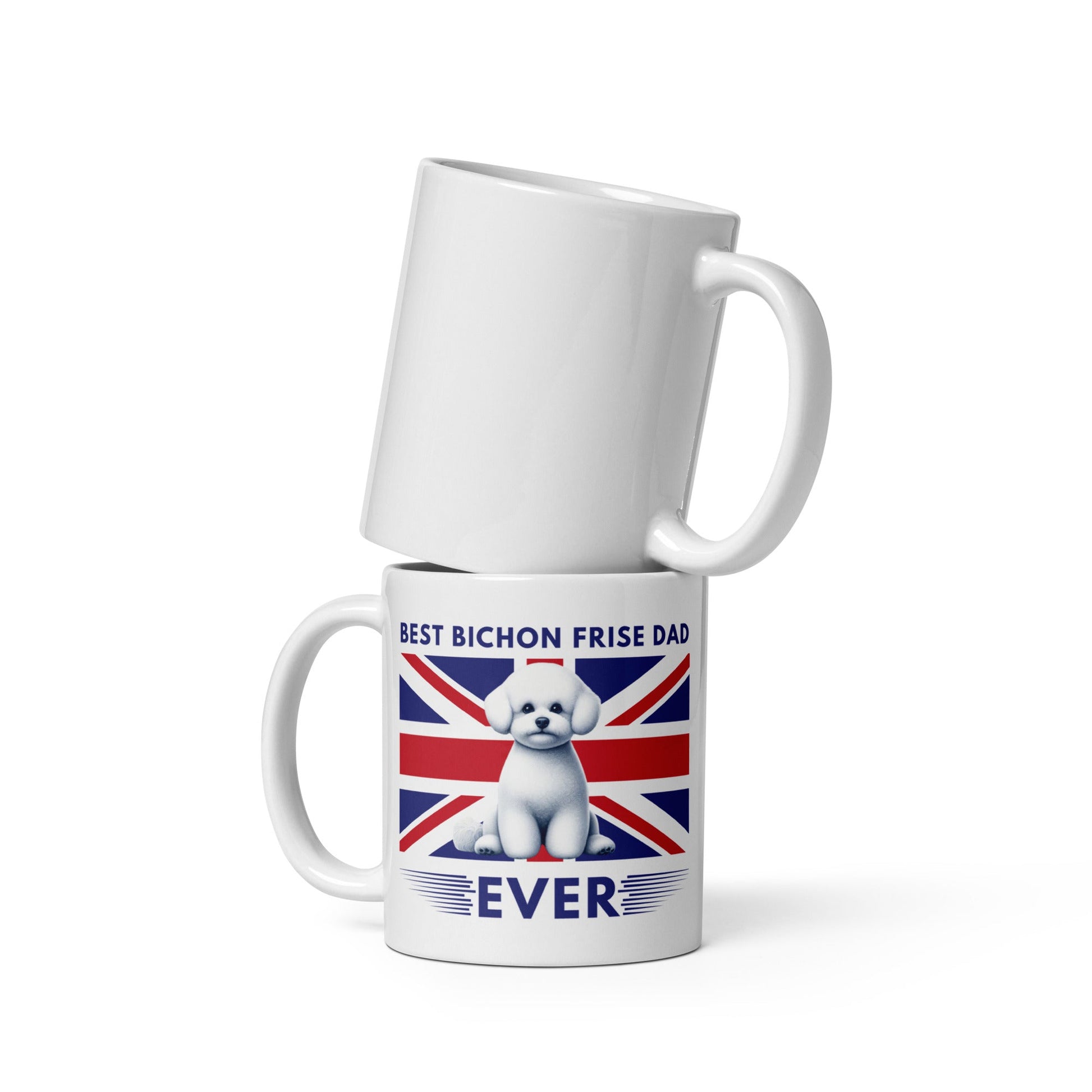 "Best Bichon Frise Dad Ever" English  Flag-White glossy mug for Bichon Frise dog owners