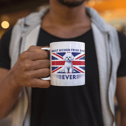 "Best Bichon Frise Dad Ever" English  Flag-White glossy mug for Bichon Frise dog owners