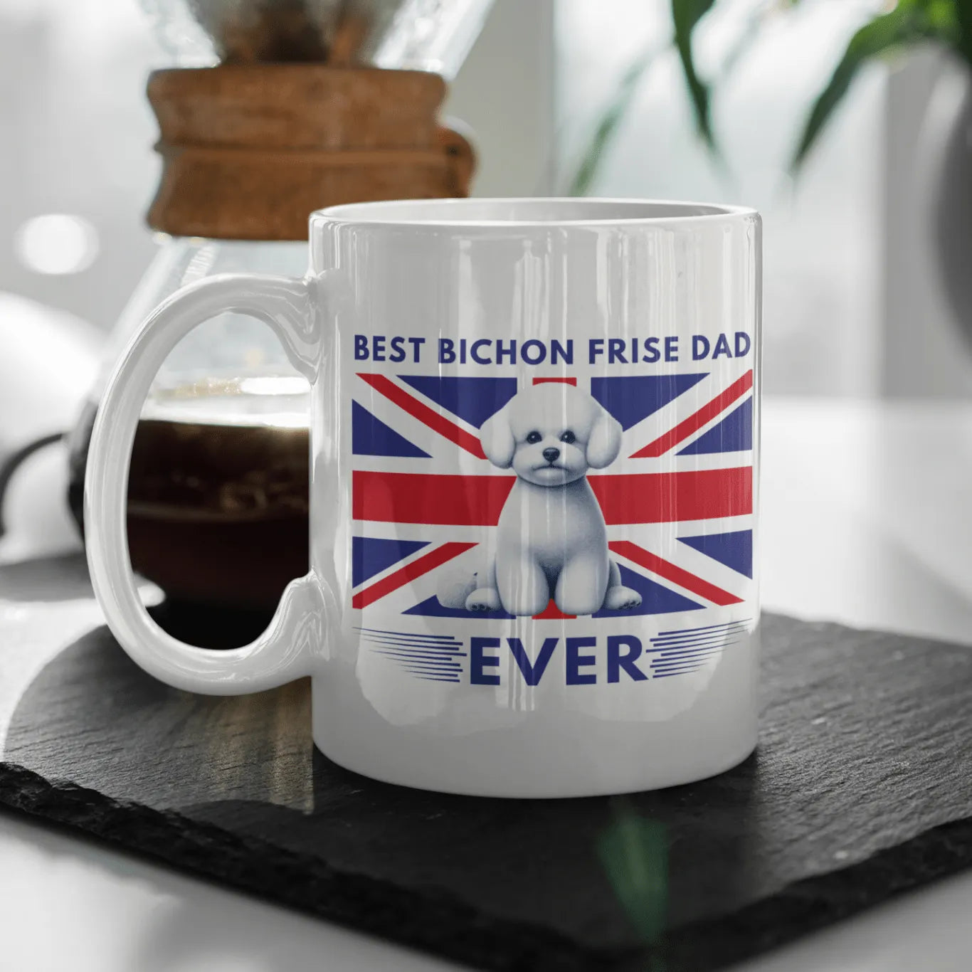 "Best Bichon Frise Dad Ever" English  Flag-White glossy mug for Bichon Frise dog owners