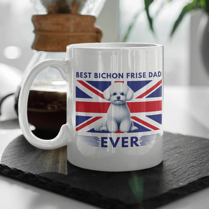 "Best Bichon Frise Dad Ever" English  Flag-White glossy mug for Bichon Frise dog owners