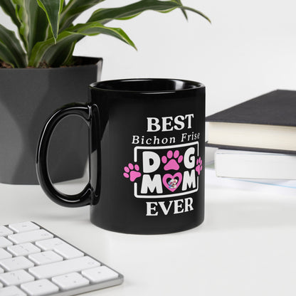 "Black glossy mug with colorful 'Best Bichon Mom Ever' text design – perfect gift for Bichon Frise dog lovers and proud dog moms"