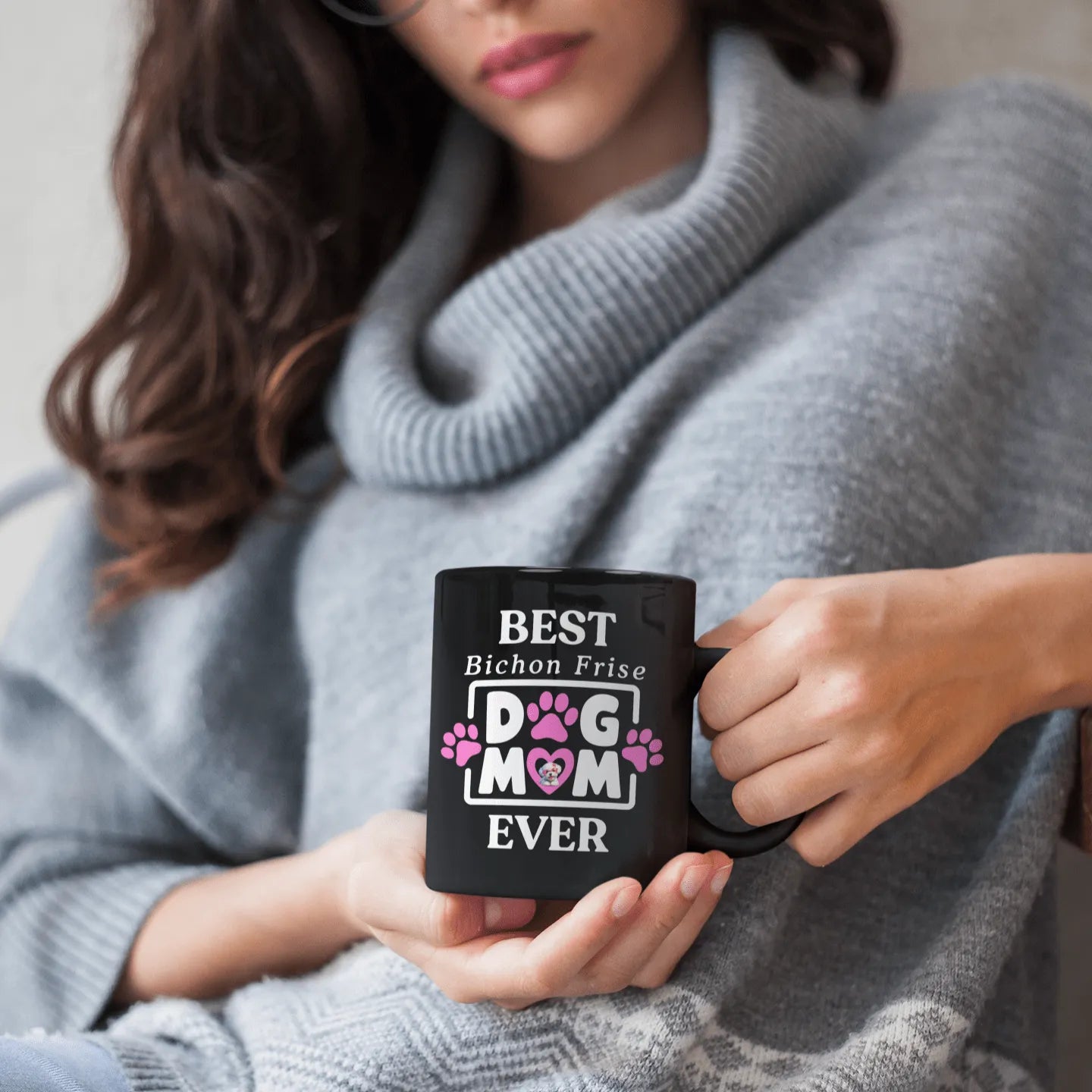 "Black glossy mug with colorful 'Best Bichon Mom Ever' text design – perfect gift for Bichon Frise dog lovers and proud dog moms"