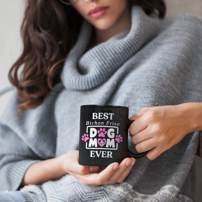 "Black glossy mug with colorful 'Best Bichon Mom Ever' text design – perfect gift for Bichon Frise dog lovers and proud dog moms"