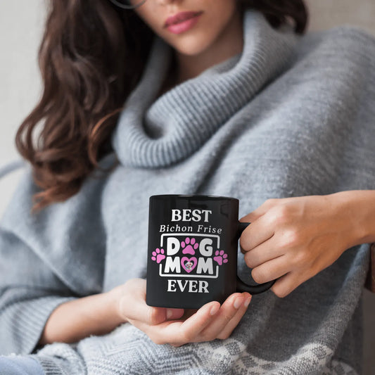 "Black glossy mug with colorful 'Best Bichon Mom Ever' text design – perfect gift for Bichon Frise dog lovers and proud dog moms"