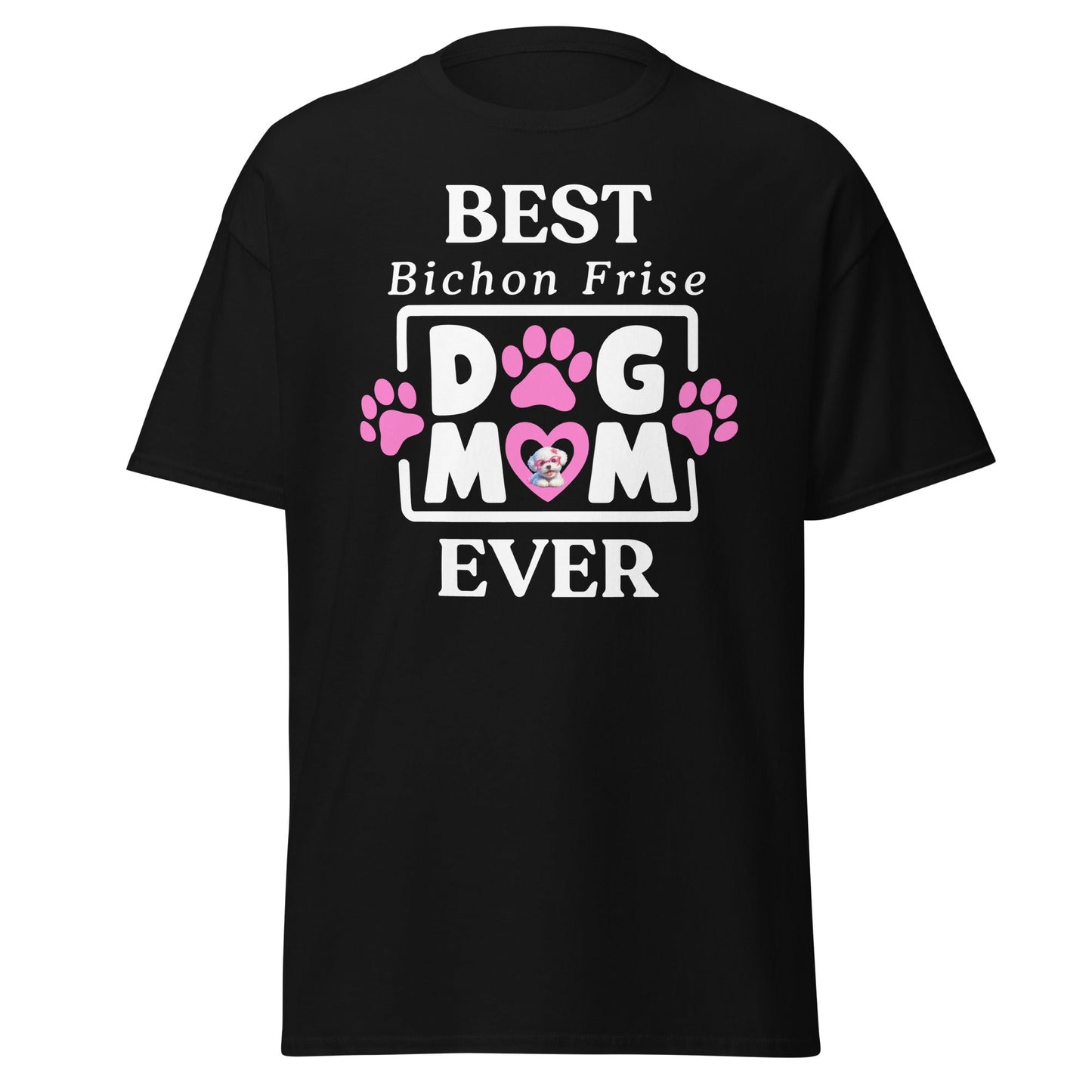 "Best Bichon Mom Ever" funny unisex t-shirt with white text and paw print design – perfect Mother's Day gift for Bichon Frise dog owners."