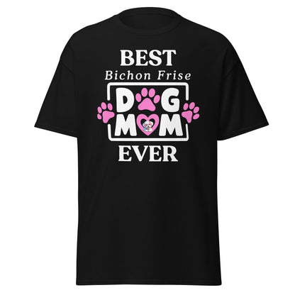 "Best Bichon Mom Ever" funny unisex t-shirt with white text and paw print design – perfect Mother's Day gift for Bichon Frise dog owners."