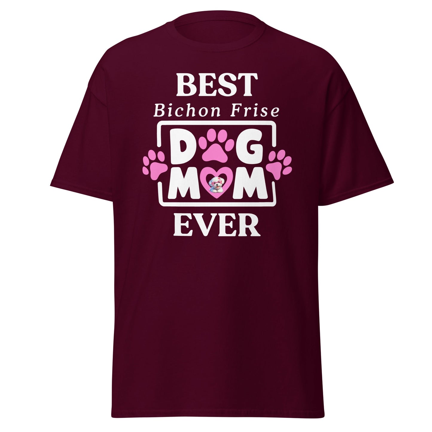 "Best Bichon Mom Ever" funny unisex t-shirt with white text and paw print design – perfect Mother's Day gift for Bichon Frise dog owners."