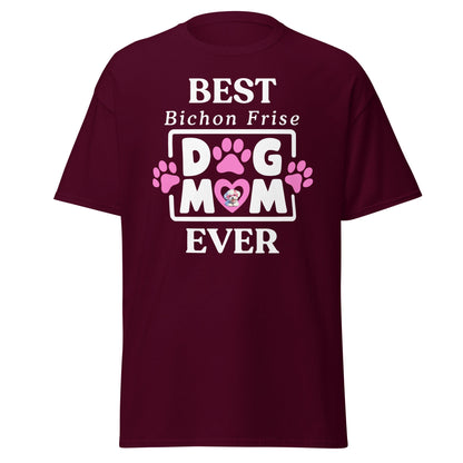 "Best Bichon Mom Ever" funny unisex t-shirt with white text and paw print design – perfect Mother's Day gift for Bichon Frise dog owners."