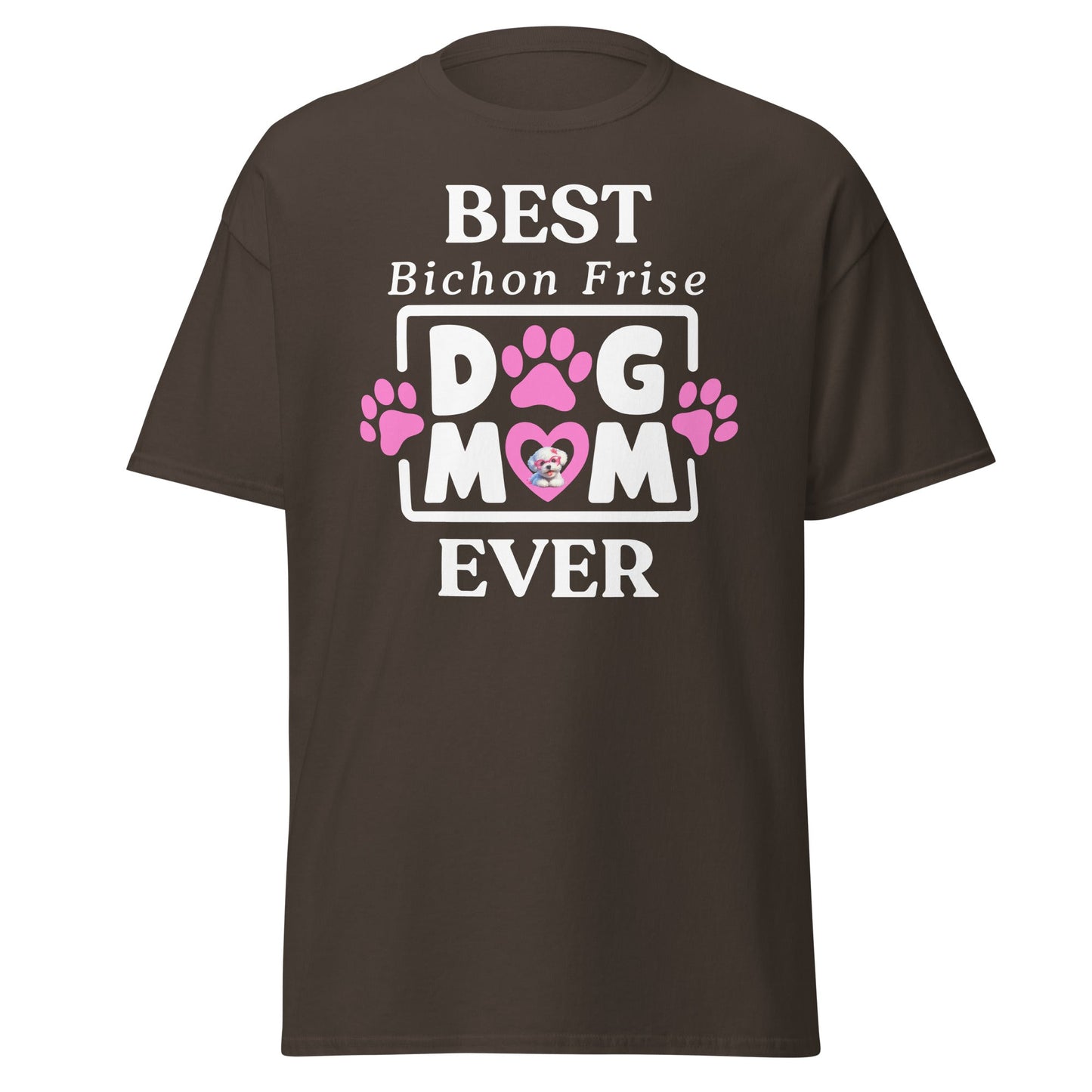 "Best Bichon Mom Ever" funny unisex t-shirt with white text and paw print design – perfect Mother's Day gift for Bichon Frise dog owners."