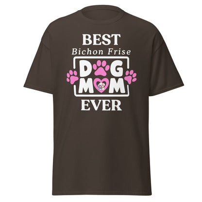 "Best Bichon Mom Ever" funny unisex t-shirt with white text and paw print design – perfect Mother's Day gift for Bichon Frise dog owners."