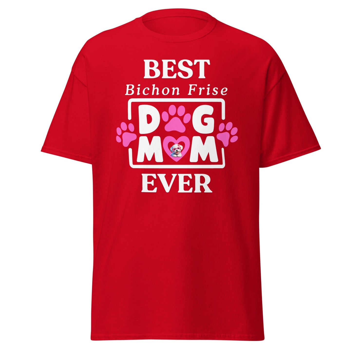"Best Bichon Mom Ever" funny unisex t-shirt with white text and paw print design – perfect Mother's Day gift for Bichon Frise dog owners."