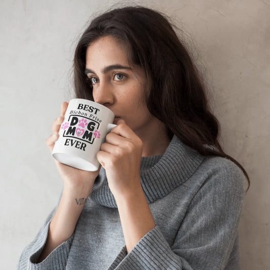 "White glossy mug with black 'Best Bichon Mom Ever' text and paw print design – perfect Mother's Day gift for Bichon Frise dog owners."
