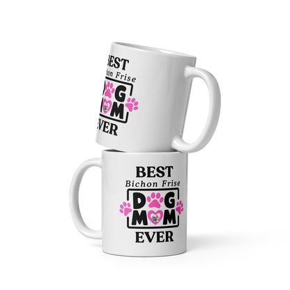 "White glossy mug with black 'Best Bichon Mom Ever' text and paw print design – perfect Mother's Day gift for Bichon Frise dog owners."