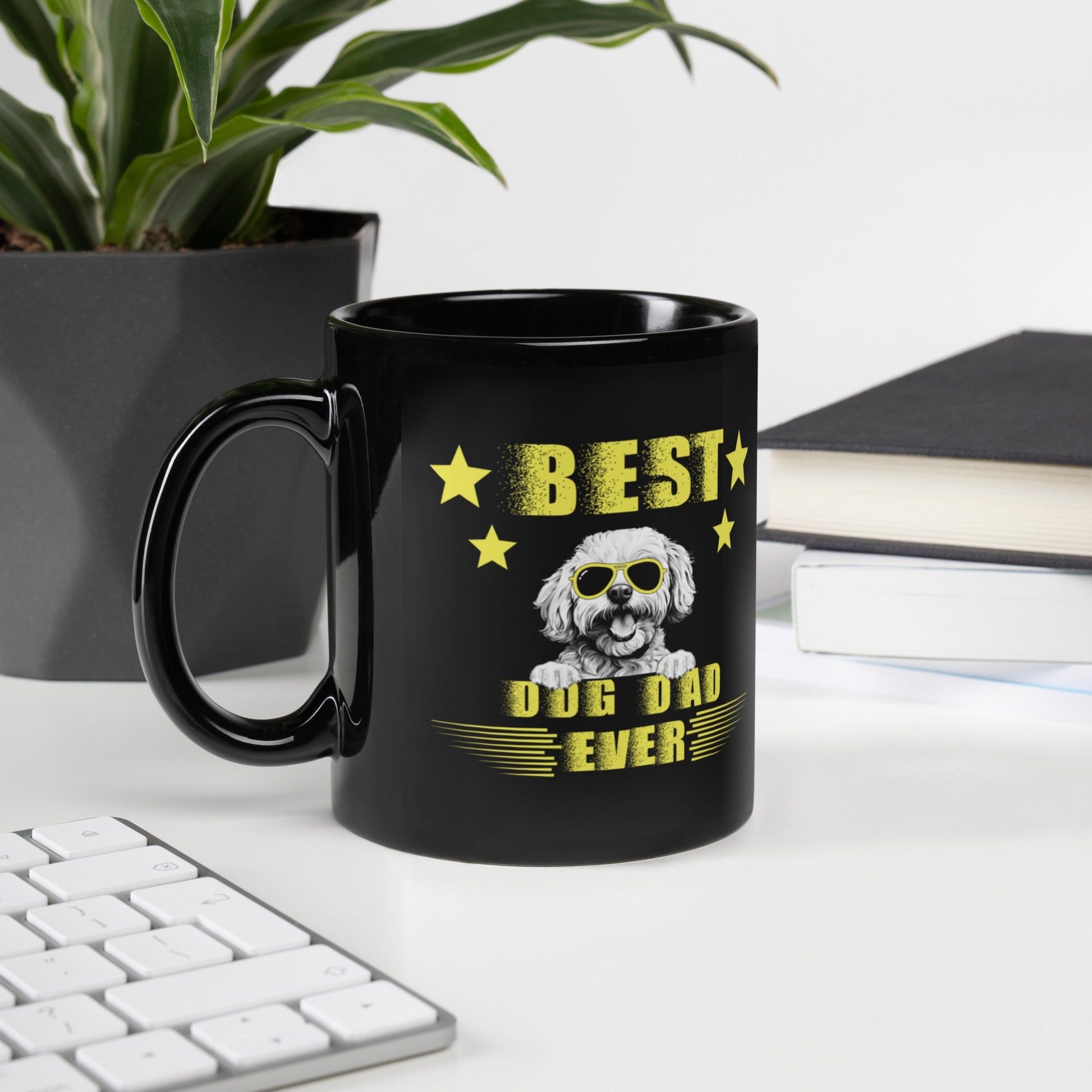 "Best Dog Dad Ever"bichon frise with sunglasses-Black Glossy Mug