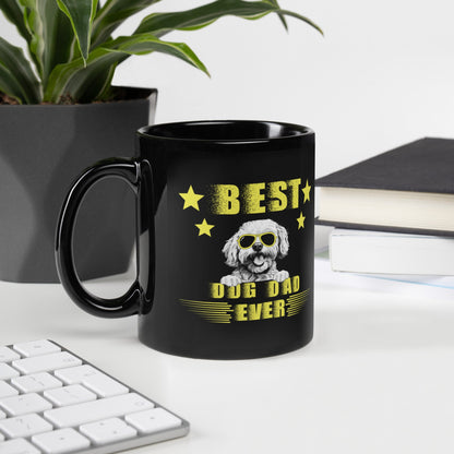 "Best Dog Dad Ever"bichon frise with sunglasses-Black Glossy Mug