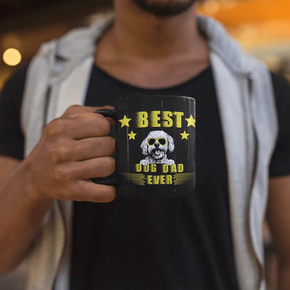 "Best Dog Dad Ever"bichon frise with sunglasses-Black Glossy Mug