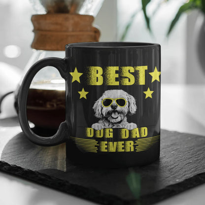 "Best Dog Dad Ever"bichon frise with sunglasses-Black Glossy Mug