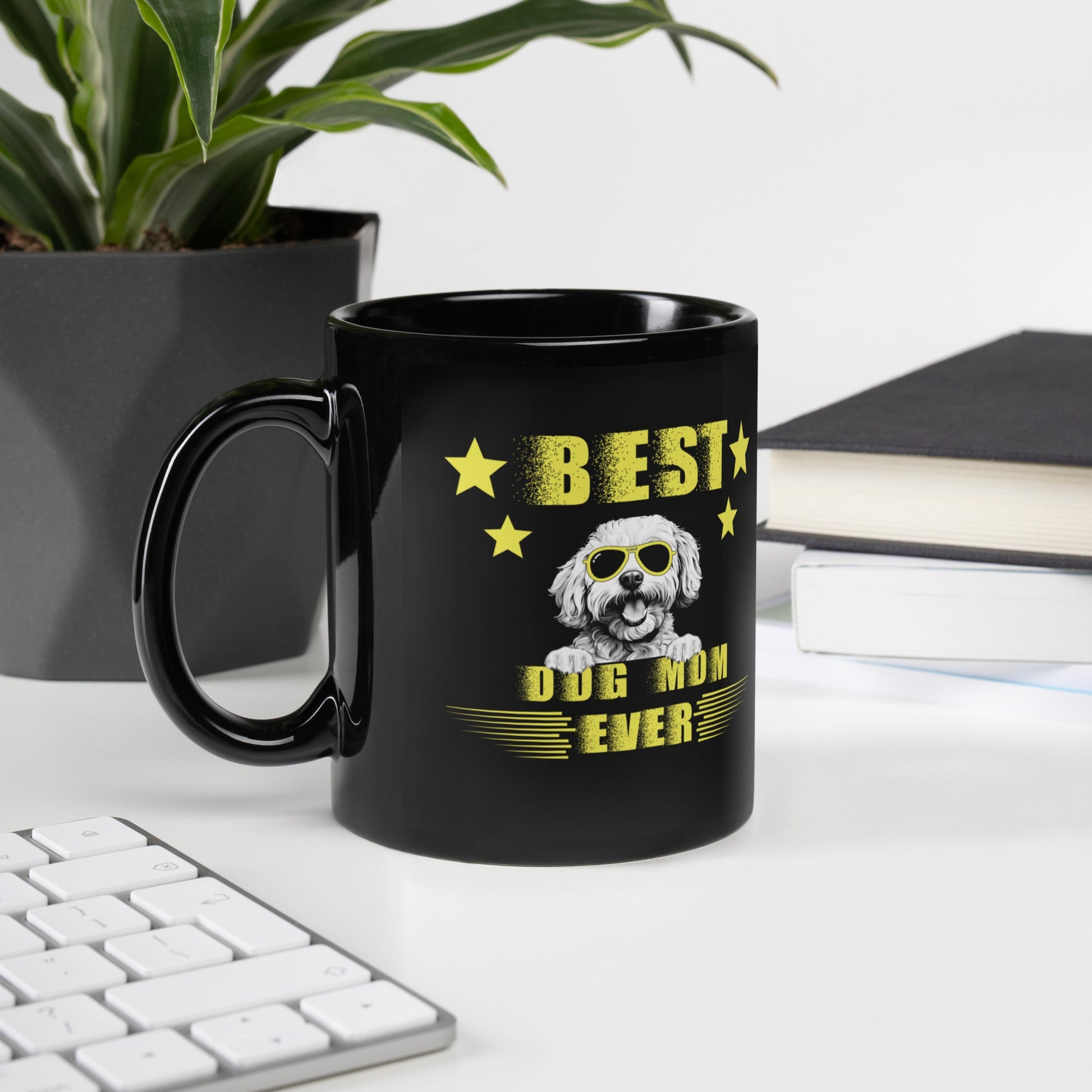 "Best Dog Mom Ever black glossy mug featuring a cool Bichon Frise dog wearing sunglasses – perfect Mother's Day gift for proud Bichon owners."