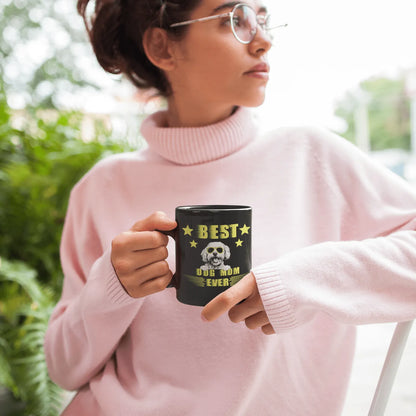 "Best Dog Mom Ever black glossy mug featuring a cool Bichon Frise dog wearing sunglasses – perfect Mother's Day gift for proud Bichon owners."