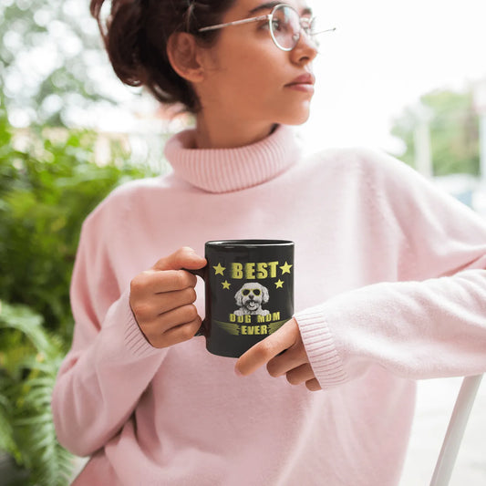 "Best Dog Mom Ever black glossy mug featuring a cool Bichon Frise dog wearing sunglasses – perfect Mother's Day gift for proud Bichon owners."