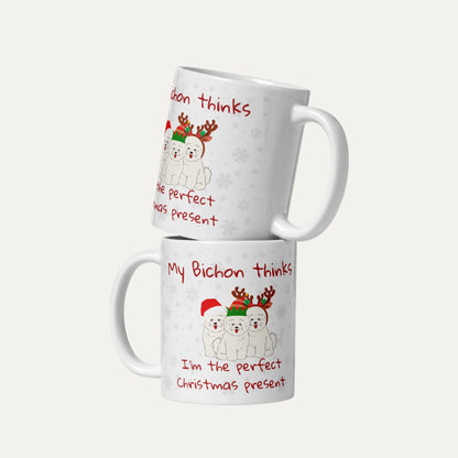 Bichon Frise Christmas mug with cute holiday design – My Bichon thinks I'm the perfect Christmas present
