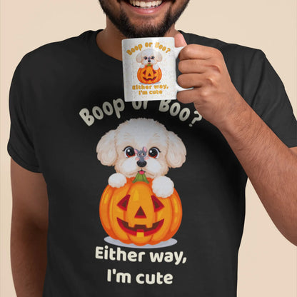 Smiling man wearing a Halloween Bichon Frise t-shirt and holding a matching Boop or Boo mug – a funny and cute gift idea for dog lovers.