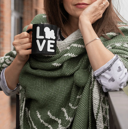 “Glossy black mug with white ‘Bichon Frise Love’ silhouette design – perfect Valentine’s Day gift for dog lovers, romantic and stylish drinkware for Bichon Frise owners and beyond.”